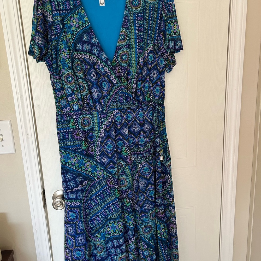 Susan Graver Blue and Green Flutter Sleeve Wrap Maxi Dress